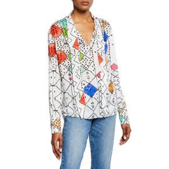 Chufy Soufiane Blouse Shirt White Multicolor Watercolor Tie-Neck Boxy Size M - Picture 1 of 9